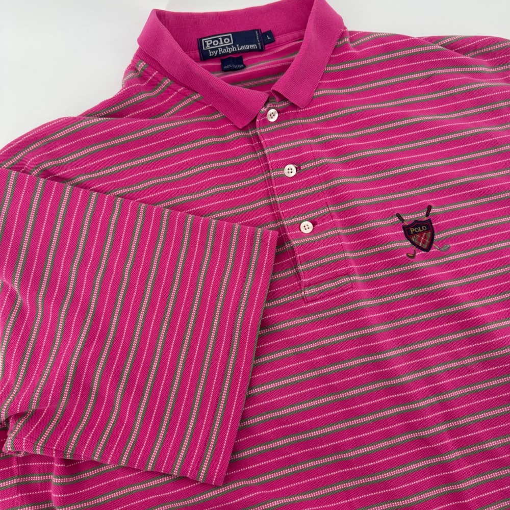 Polo Ralph Lauren Mens Pink Green Stripe Short Sleeve Golf Polo Shirt Size L